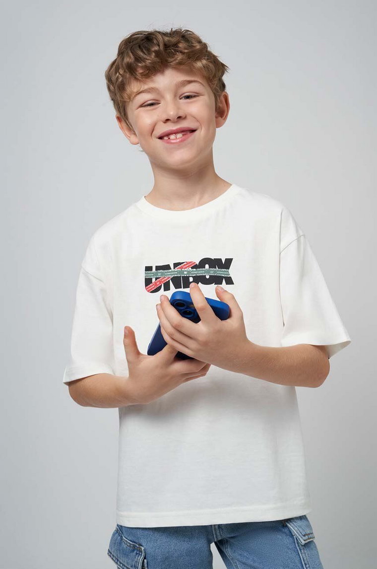Mayoral t-shirt bawełniany dziecięcy kod QR do gry kolor beżowy z nadrukiem