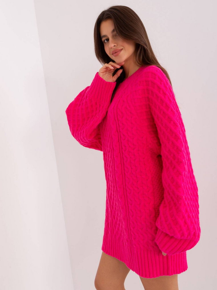 Sweter dzianinowa fuksjowy sukienka dekolt okrągły rękaw długi długość mini