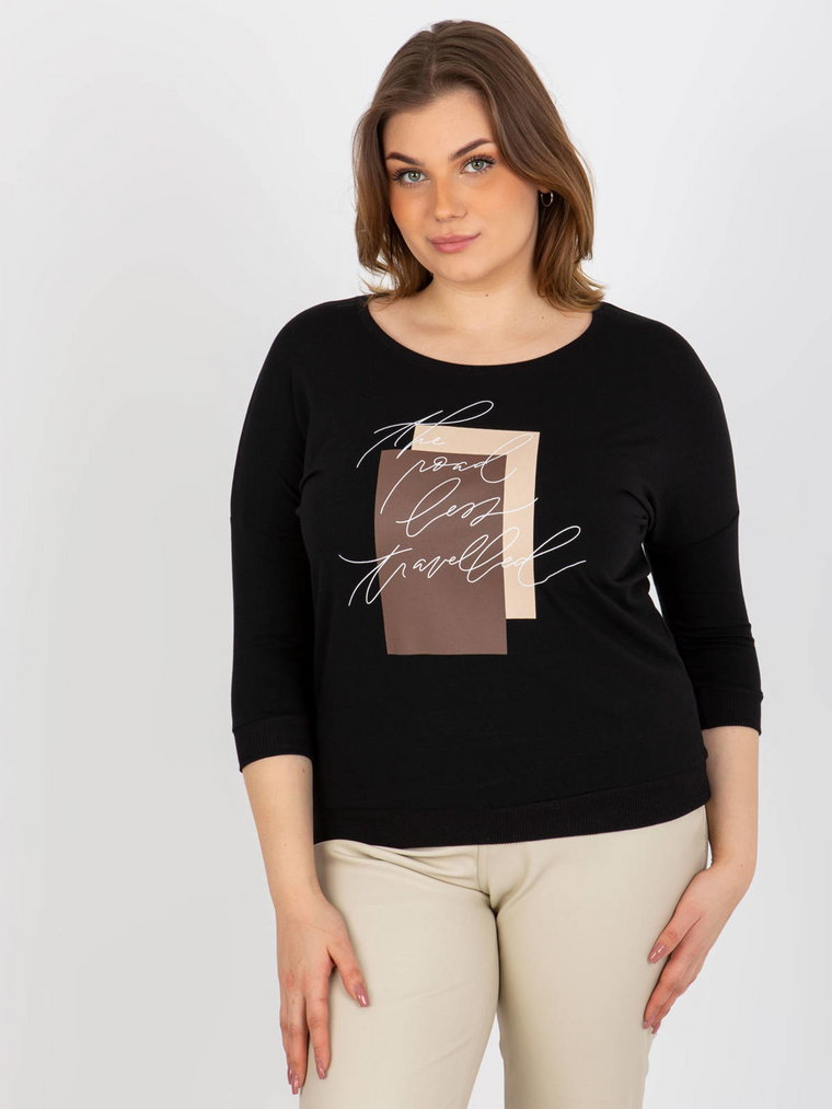 Bluzka plus size czarny casual codzienna dekolt okrągły rękaw 3/4