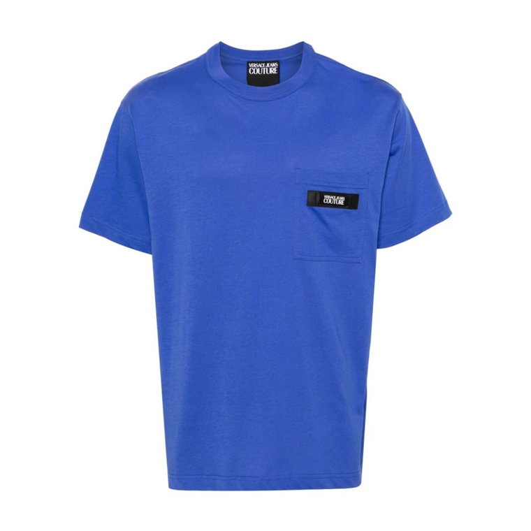 Niebieski T-shirt z Kieszenią i Logo Versace Jeans Couture
