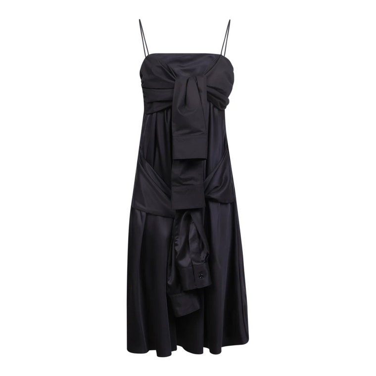 Czarna Sukienka z Marszczeniami z Satyny MM6 Maison Margiela