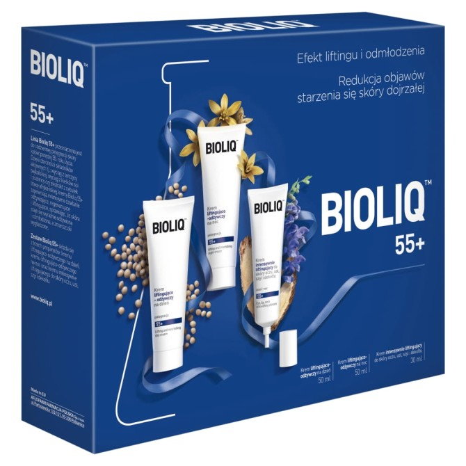 BIOLIQ 55+ zestaw krem intensywnie liftingujący do skóry oczu ust szyi i dekoltu 30ml + krem na dzień 50ml + krem na noc 50ml