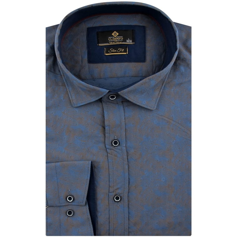 Koszula Męska Elegancka Wizytowa do garnituru niebieska we wzorki z długim rękawem w kroju SLIM FIT Classo H189