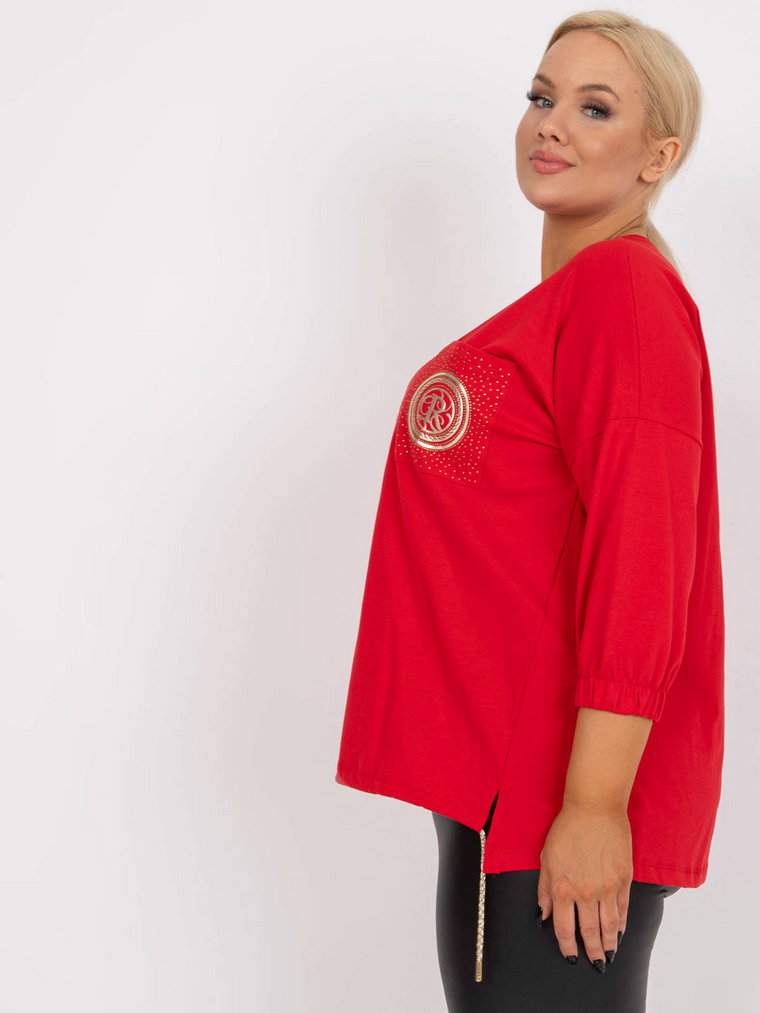 Bluzka plus size czerwony casual dekolt okrągły rękaw 3/4 dżety print (nadruk)