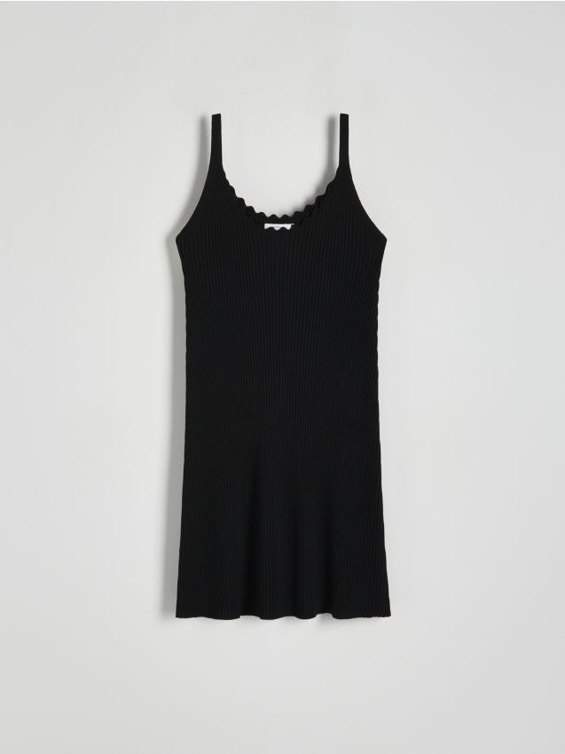 Reserved - Prążkowana sukienka mini z wiskozy - czarny