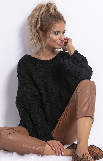 Sweter z wełną CHUNKY KNIT F776, Kolor czarny, Rozmiar L/XL, Fobya