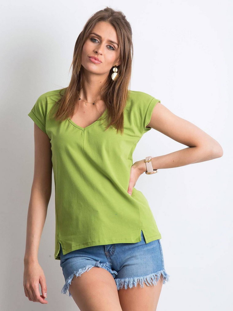 T-shirt jednokolorowy jasny zielony casual dekolt w kształcie V rękaw krótki