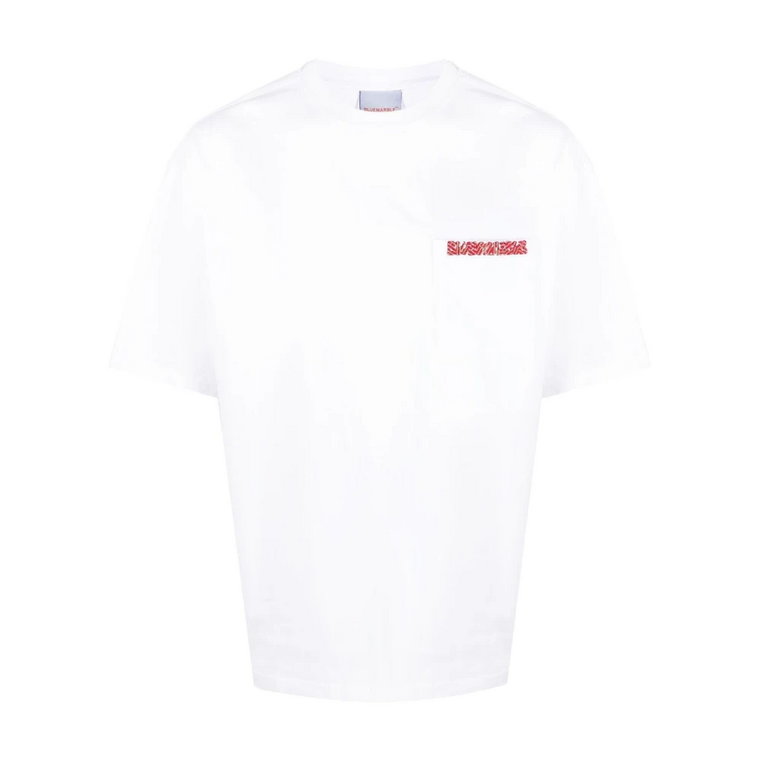 Biały T-shirt z Haftowanym Logo Bluemarble