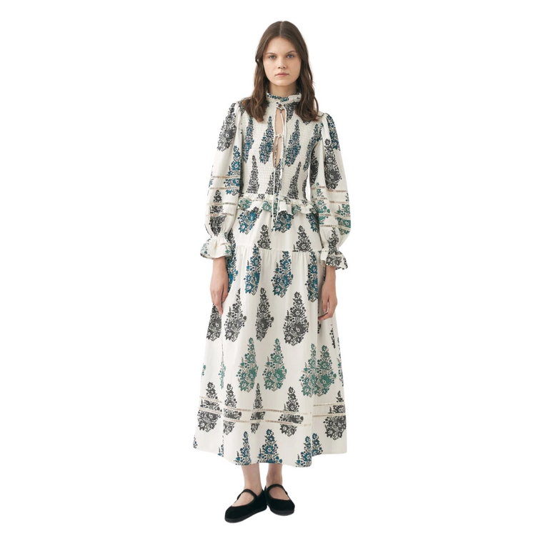 Sukienka maxi z dymkami i ręcznie drukowana Muguet Antik Batik
