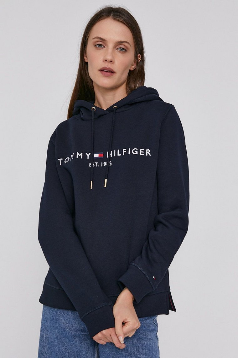 Tommy Hilfiger Bluza damska kolor granatowy z kapturem z aplikacją WW0WW31998