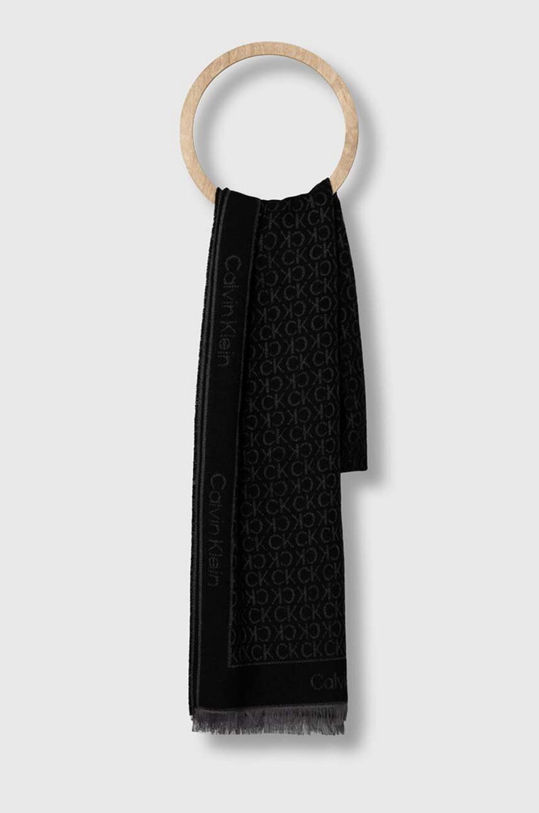 Calvin Klein szalik wełniany kolor czarny wzorzysty