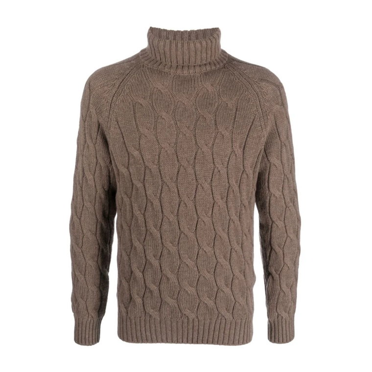 Brązowy sweter z wełny z warkoczami i ściągaczem Tagliatore
