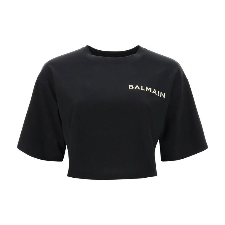 Cropped T-Shirt z metalicznym logo Balmain