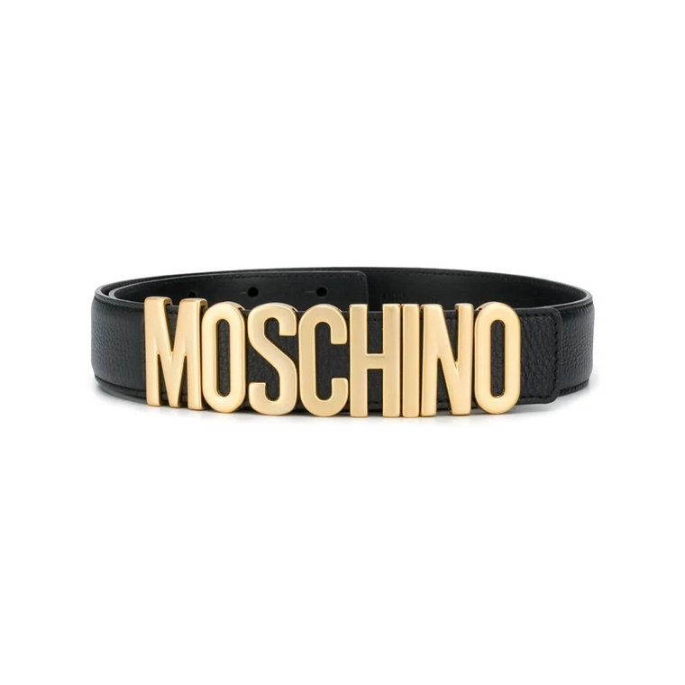 Czarny Skórzany Pasek z Złotym Logo Plaque Moschino