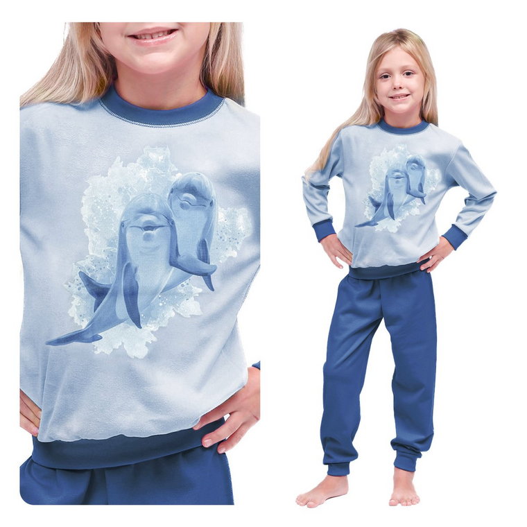 Piżama Dziecięca Dla Dziewczynki Zimowa Z Długim Rękawem, Niebieska Z Delfinami 122