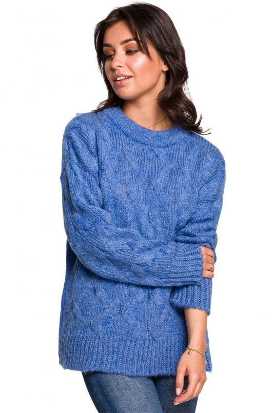 Sweter damski wełniany luźny fason ciepły puszysty niebieski