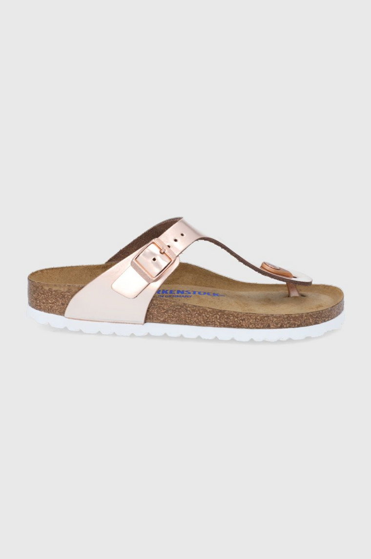 Birkenstock japonki skórzane Gizeh 1005049 damskie kolor różowy na płaskim obcasie 1005049-met.copper