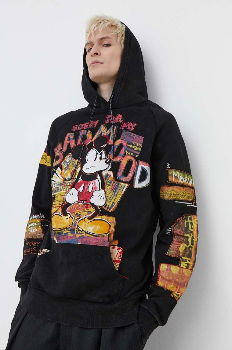 Desigual bluza bawełniana MICKEY BAD MOOD męska kolor czarny z kapturem z nadrukiem 24SMSK15