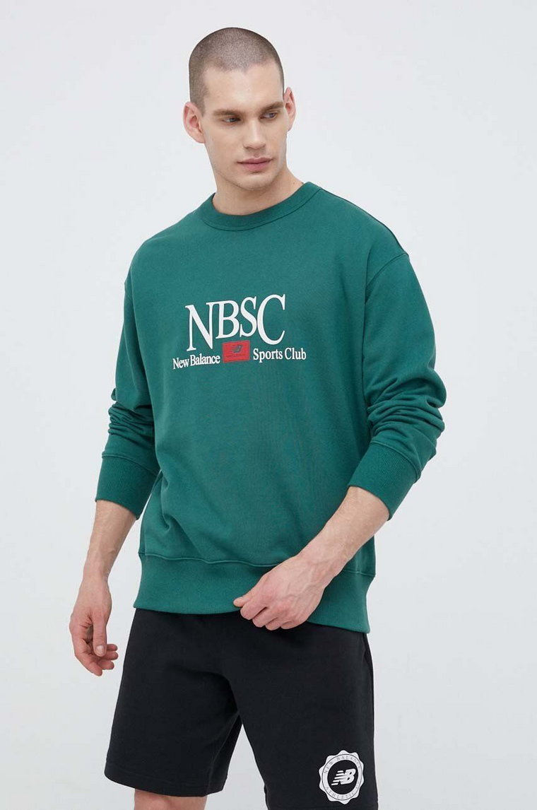 New Balance bluza bawełniana męska kolor zielony z nadrukiem