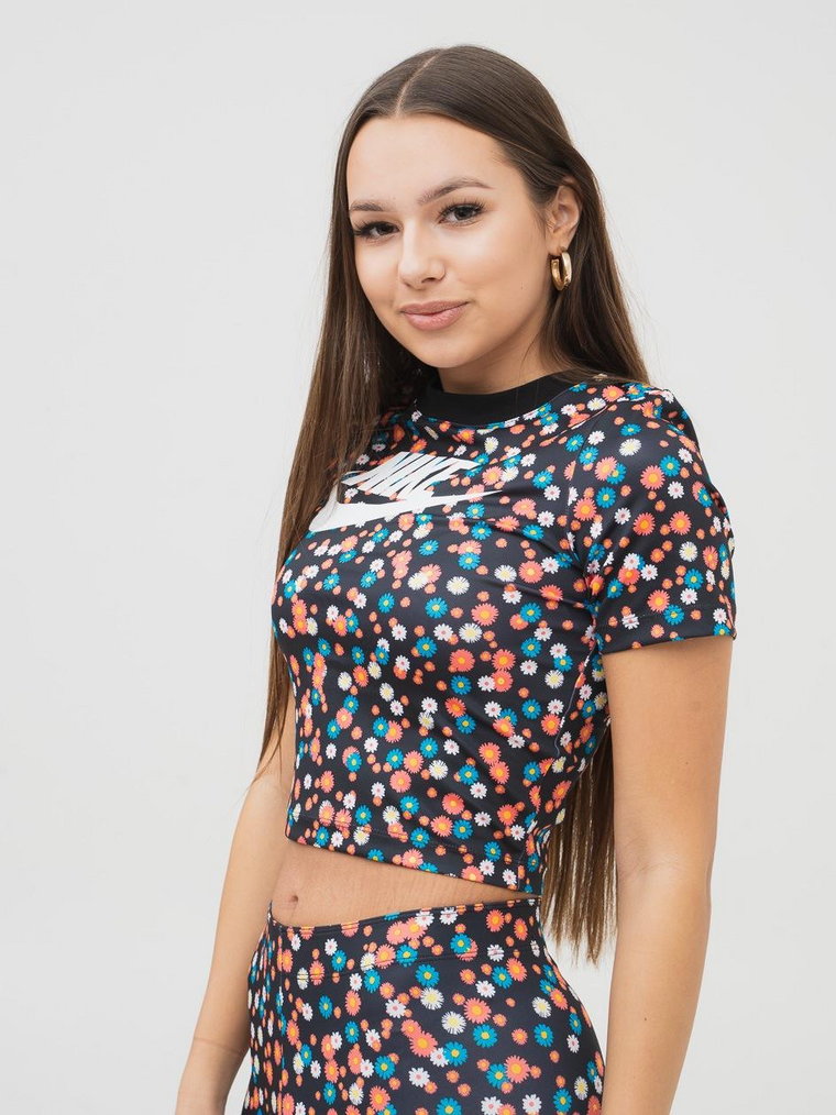 Damska Koszulka Z Krótkim Rękawem Crop Top Nike Nsw Hrtg Top SS Floral Czarna