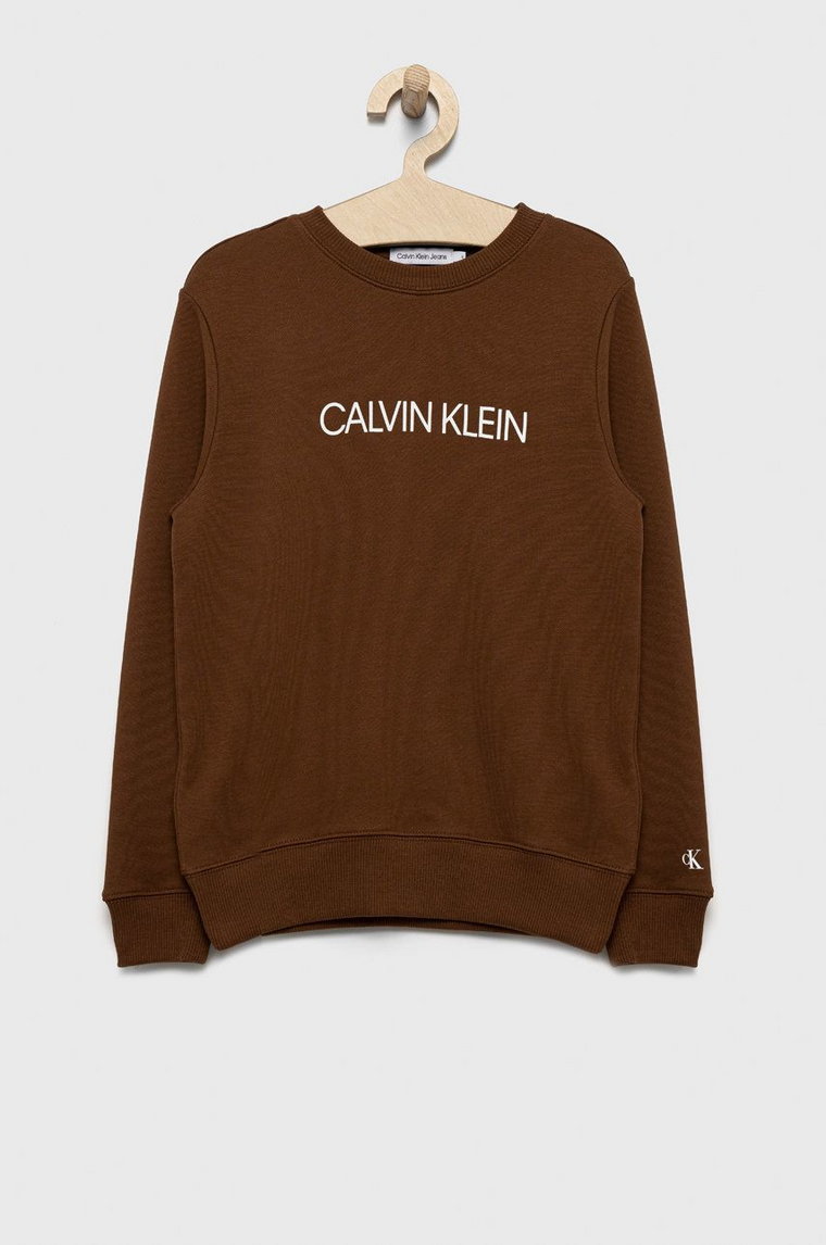 Calvin Klein Jeans bluza bawełniana dziecięca IU0IU00162.9BYY kolor brązowy z nadrukiem