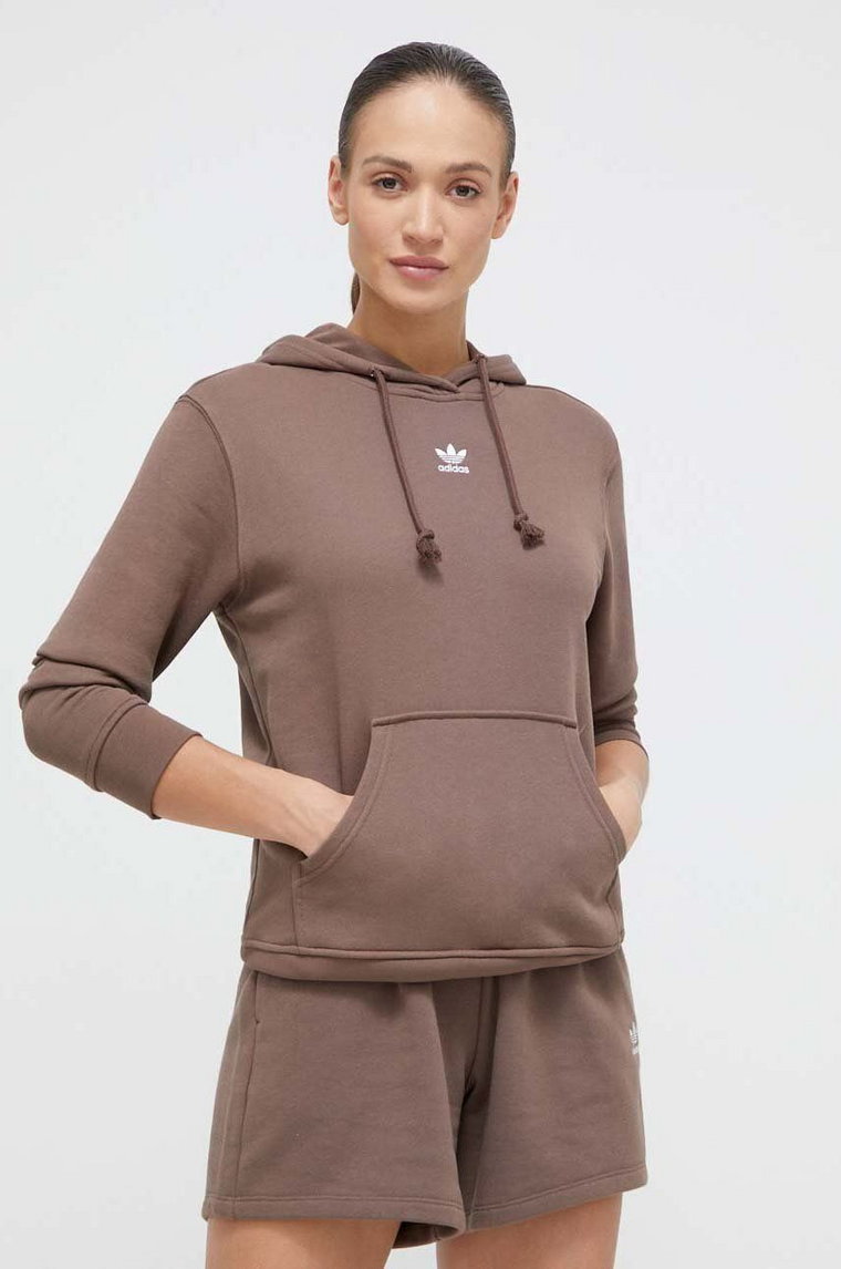 adidas Originals bluza bawełniana damska kolor brązowy z kapturem gładka IR5936