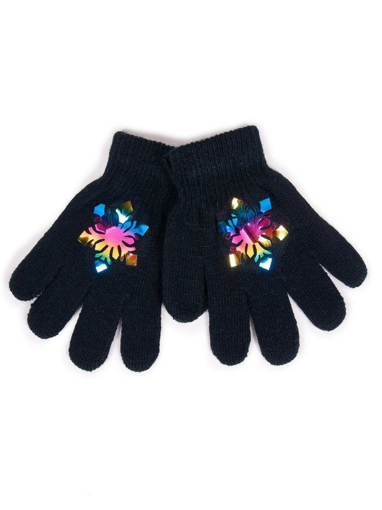 Rękawiczki Dziewczęce Pięciopalczaste Czarne Z Hologramem Śnieżynką 18 Cm