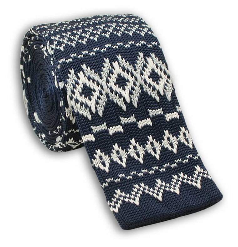 Dziergany Krawat Męski Knit w Białe Wzory, Romby - 5,5 cm - Alties, Granatowy