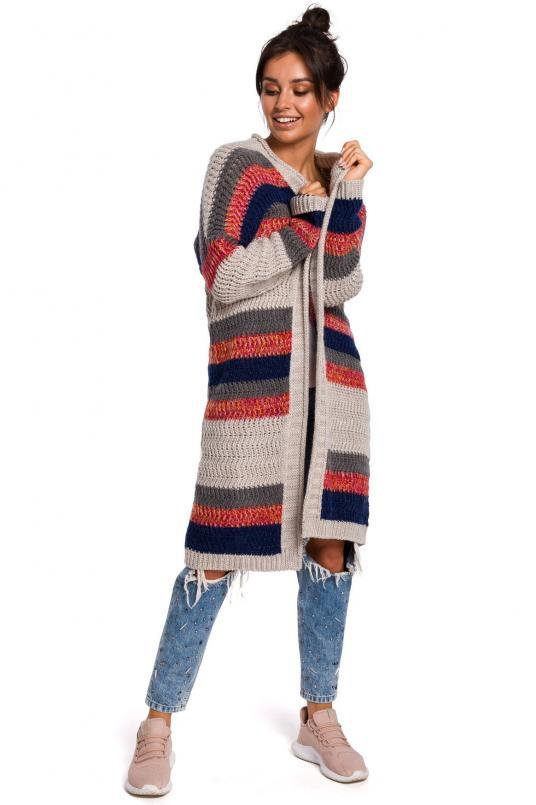 Długi sweter w kolorowe pasy kardigan narzutka z modnym splotem