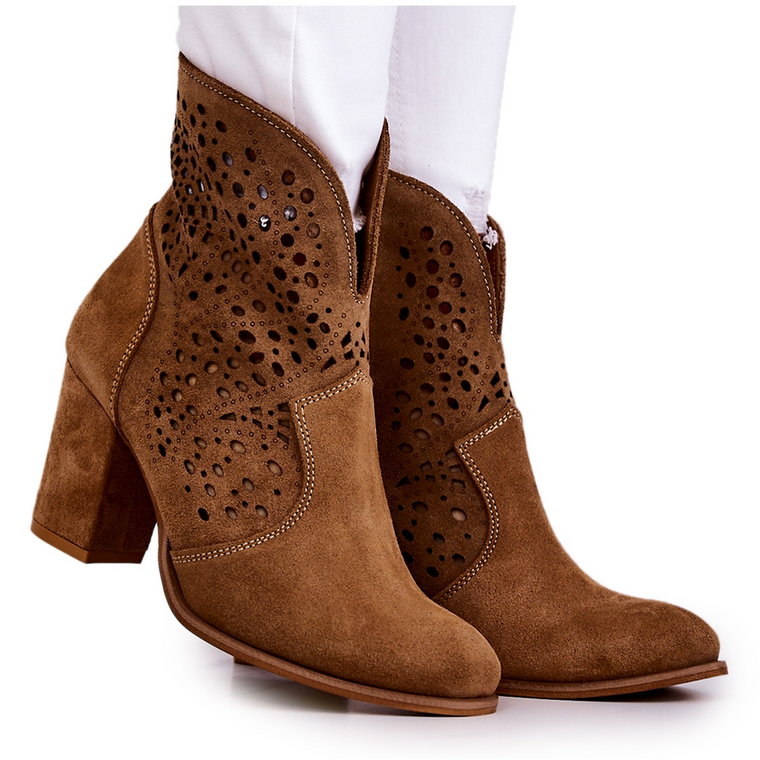 Ażurowe Botki Lewski Shoes 3166 Camel beżowy brązowe