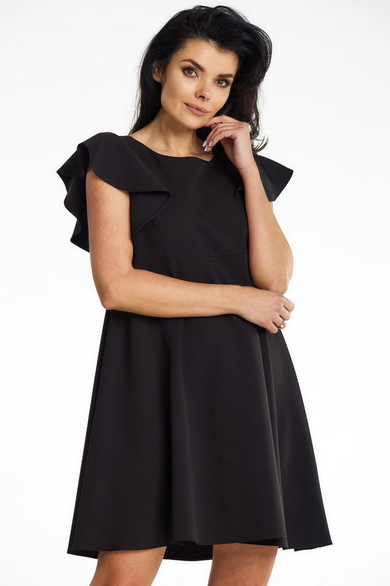 Trapezowa sukienka mini z falbankami na ramionach czarna