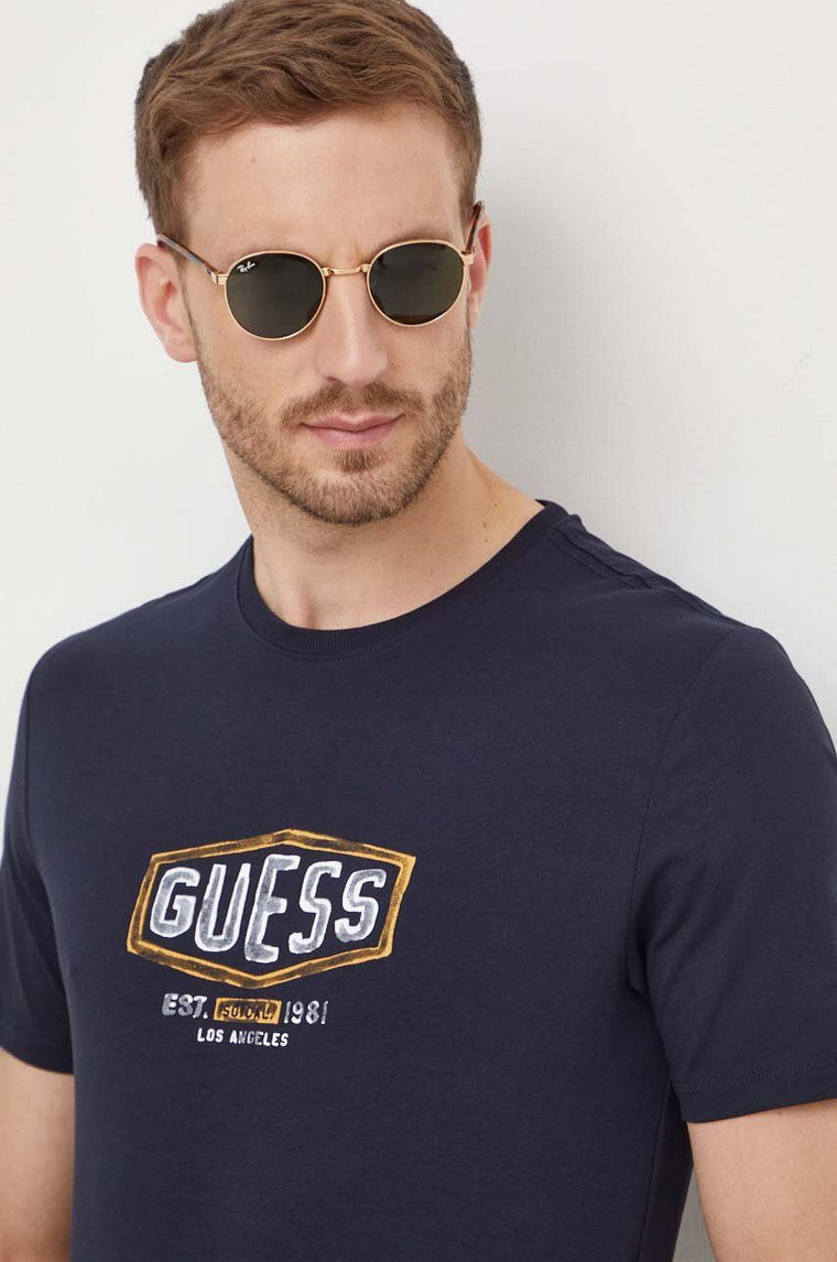 Guess t-shirt bawełniany męski kolor granatowy z nadrukiem M4RI33 J1314