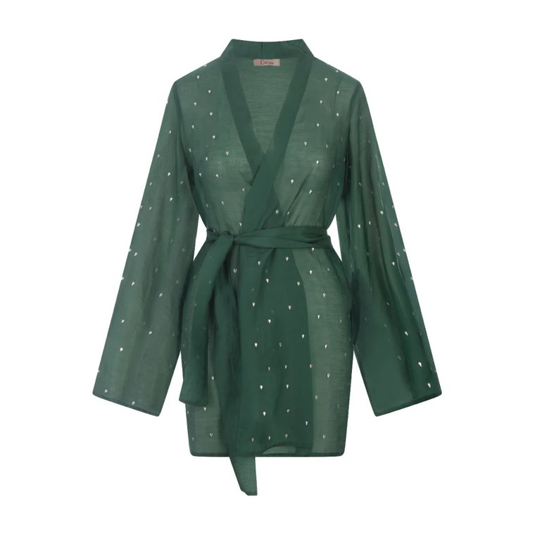 Zielona Sukienka Kaftan z Aplikacją z Błyszczącymi Kamieniami Oseree