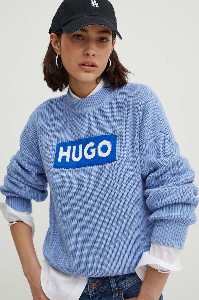Hugo Blue sweter bawełniany kolor turkusowy ciepły 50514300