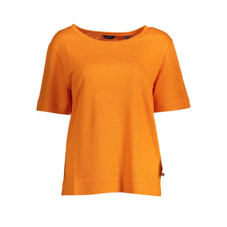 Pomarańczowe Lnu Topy & T-Shirt, Krótki Rękaw, Szeroki Dekolt, Logo Gant
