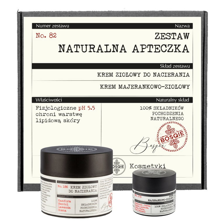 Bosqie Zestaw Naturalna apteczka (Krem ziołowy do nacierania 50ml + Krem majerankowo-ziołowy 8g)