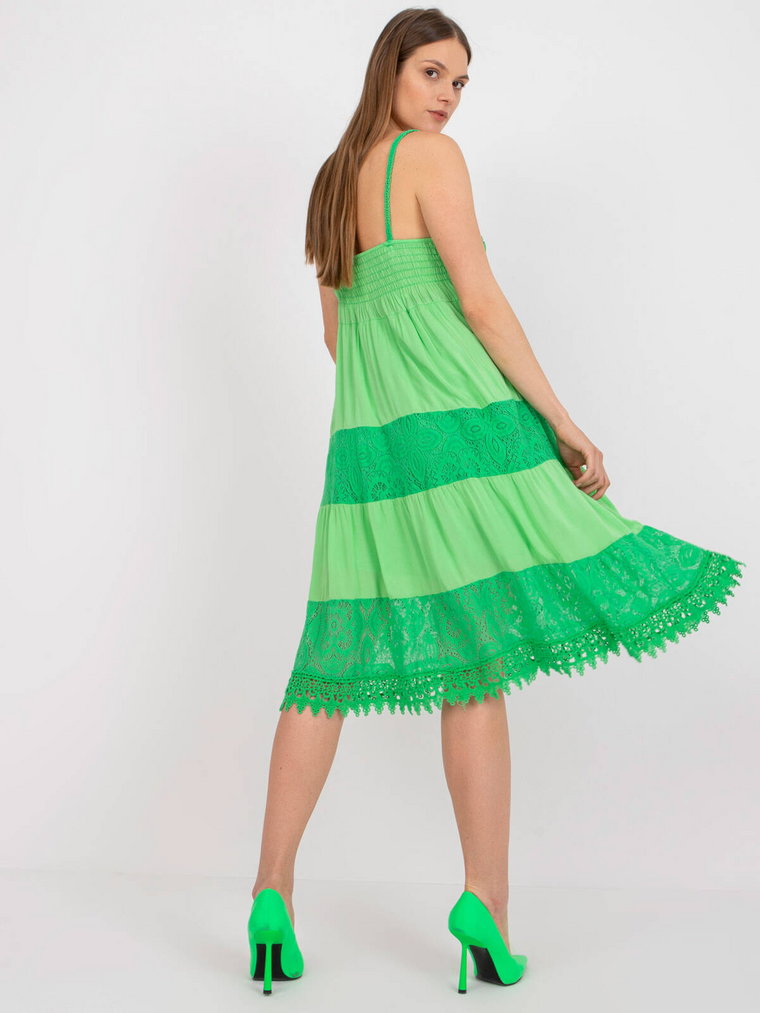 Sukienka na co dzień zielony codzienna letnia boho dekolt w kształcie V rękaw ramiączkach długość midi z podszewką koronka marszczenia