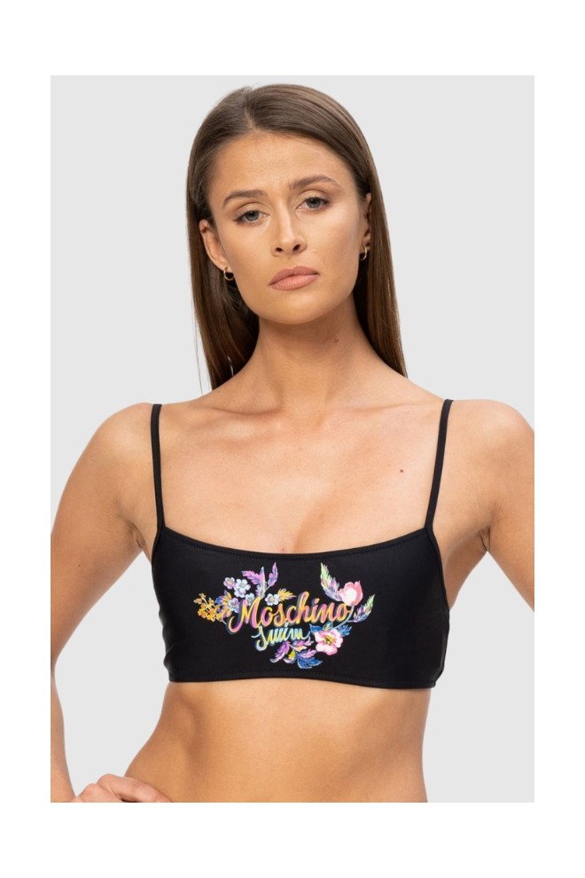 MOSCHINO Czarna góra od bikini z kwiecistym logo