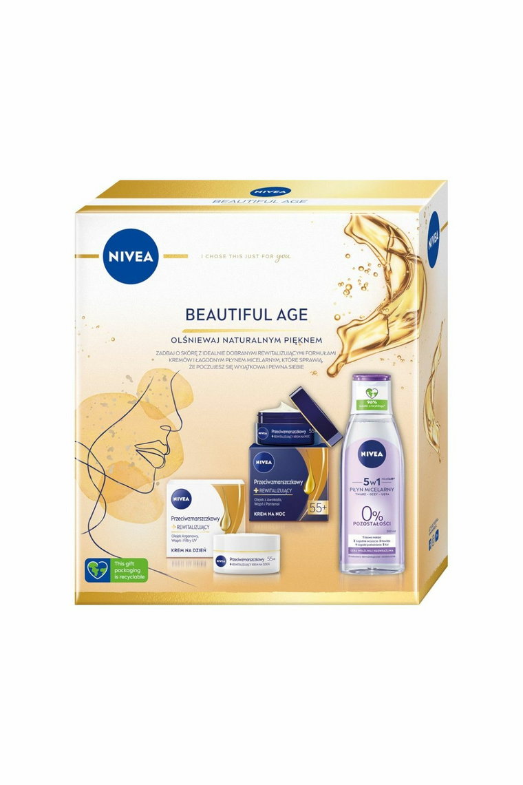 Nivea Beautiful Age zestaw przeciwzmarszczkowy krem rewitalizujący 55+ na dzień 50ml + przeciwzmarszczkowy krem rewitalizujący na noc 55+ 50ml + płyn micelarny do cery wrażliwej i nadwrażliwej 200ml