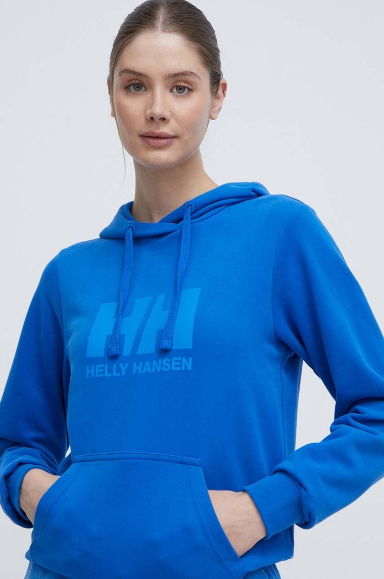 Helly Hansen bluza bawełniana damska kolor niebieski z kapturem z nadrukiem 34460