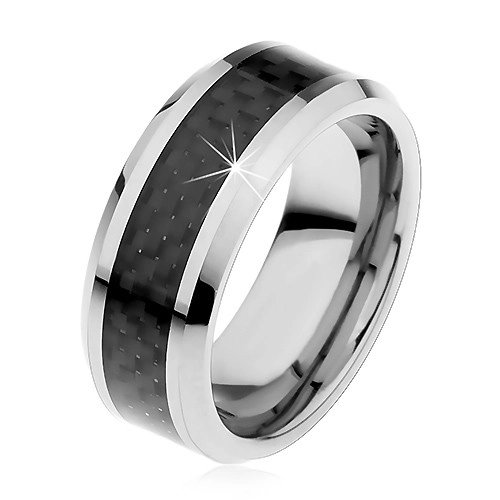 Tungsten obrączka srebrnego koloru, środkowy pas z czarnych włókien, 8 mm - Rozmiar : 49