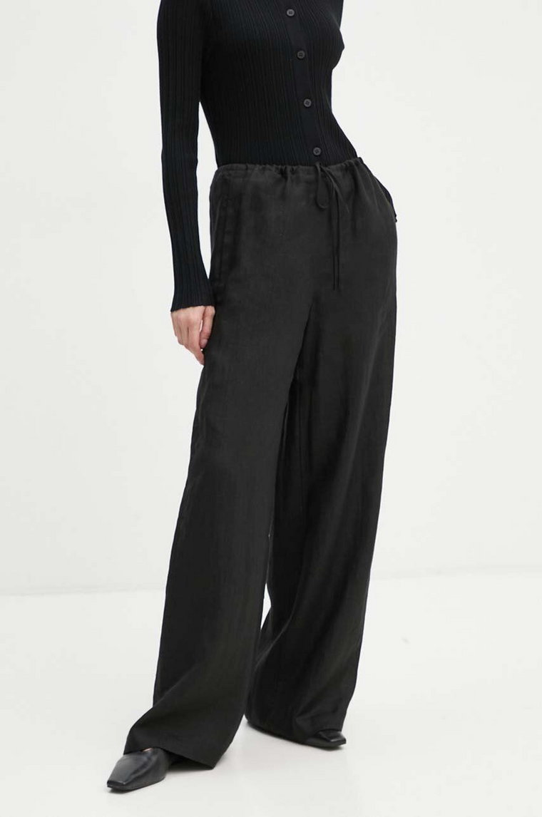 Theory spodnie damskie kolor czarny szerokie high waist O0409202