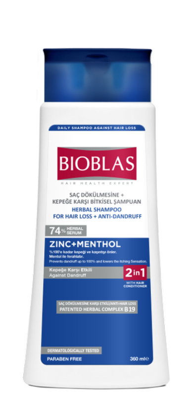 Bioblas Szampon ziołowy przeciw wypadaniu włosów z odżywką przeciwłupieżowy Cynk + Mentol 360 ml
