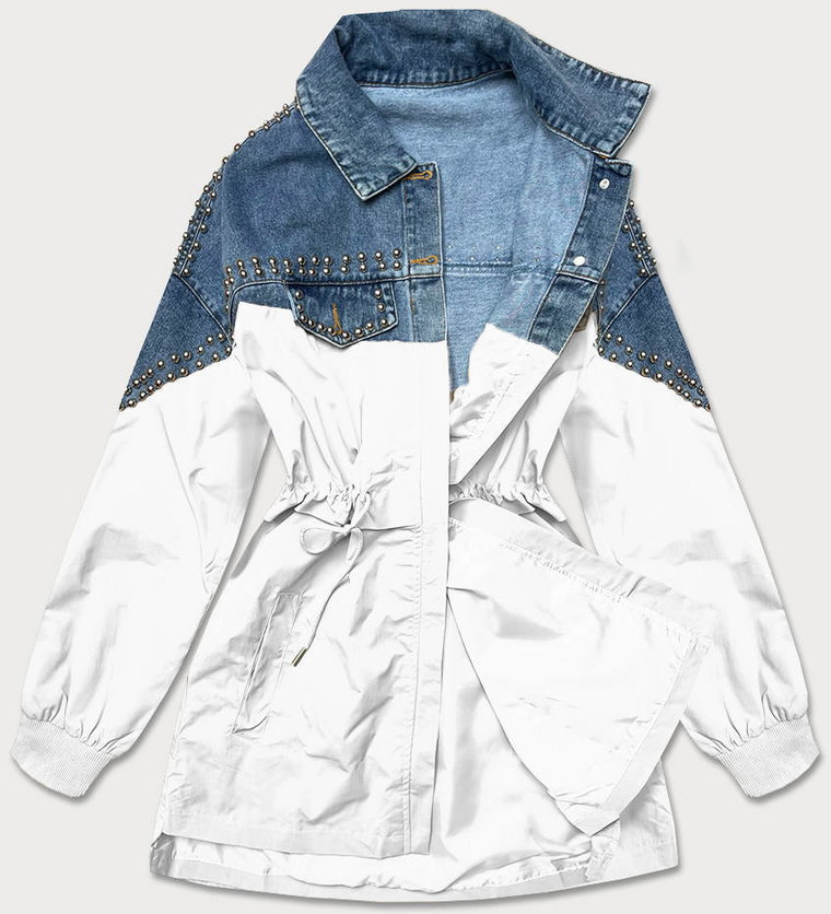 Damska kurtka jeans denim z łączonych materiałów niebiesko-biała (pffs12233)