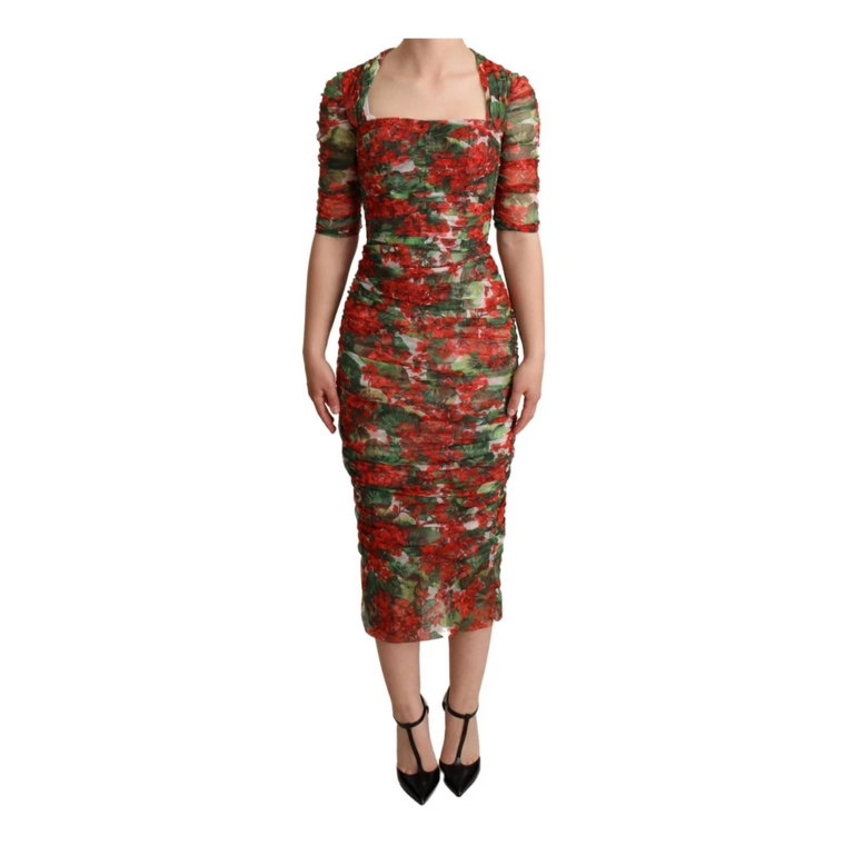 Red Floral Print Tulle Sheath Midi Dress Dolce & Gabbana