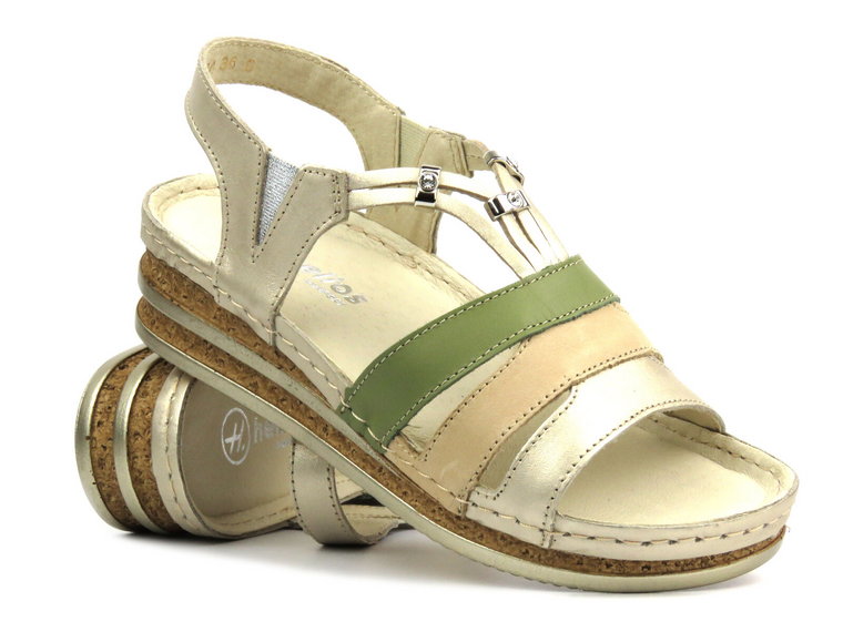 Skórzane sandały damskie na delikatnym koturnie - HELIOS Komfort 124, złote