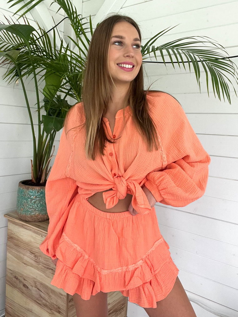 Komplet muślinowy pomarańczowy koszula + spódniczko spodenki Margot