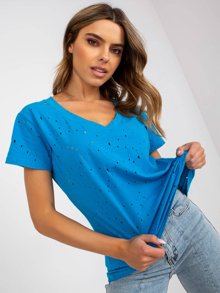 T-shirt jednokolorowy niebieski casual dekolt w kształcie V rękaw krótki dziury