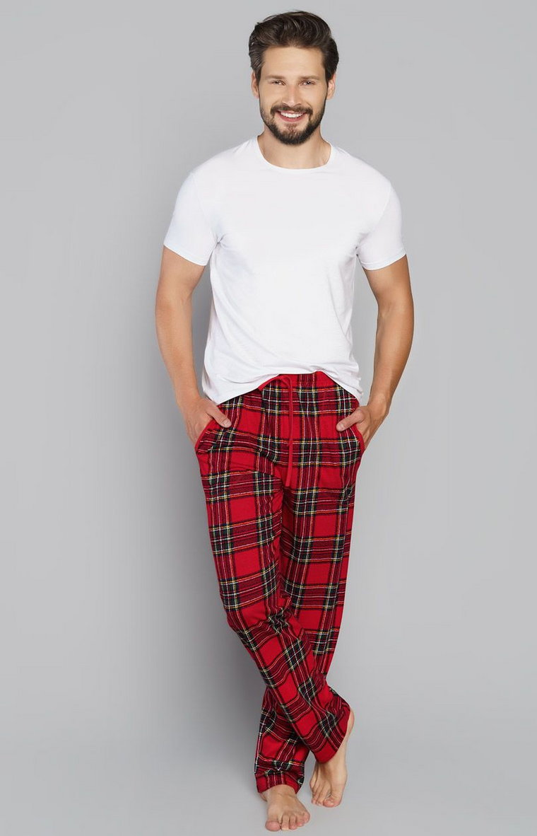 Spodnie piżamowe męskie długiew kratę Narwik, Kolor czerwony-kratka, Rozmiar XL, Italian Fashion