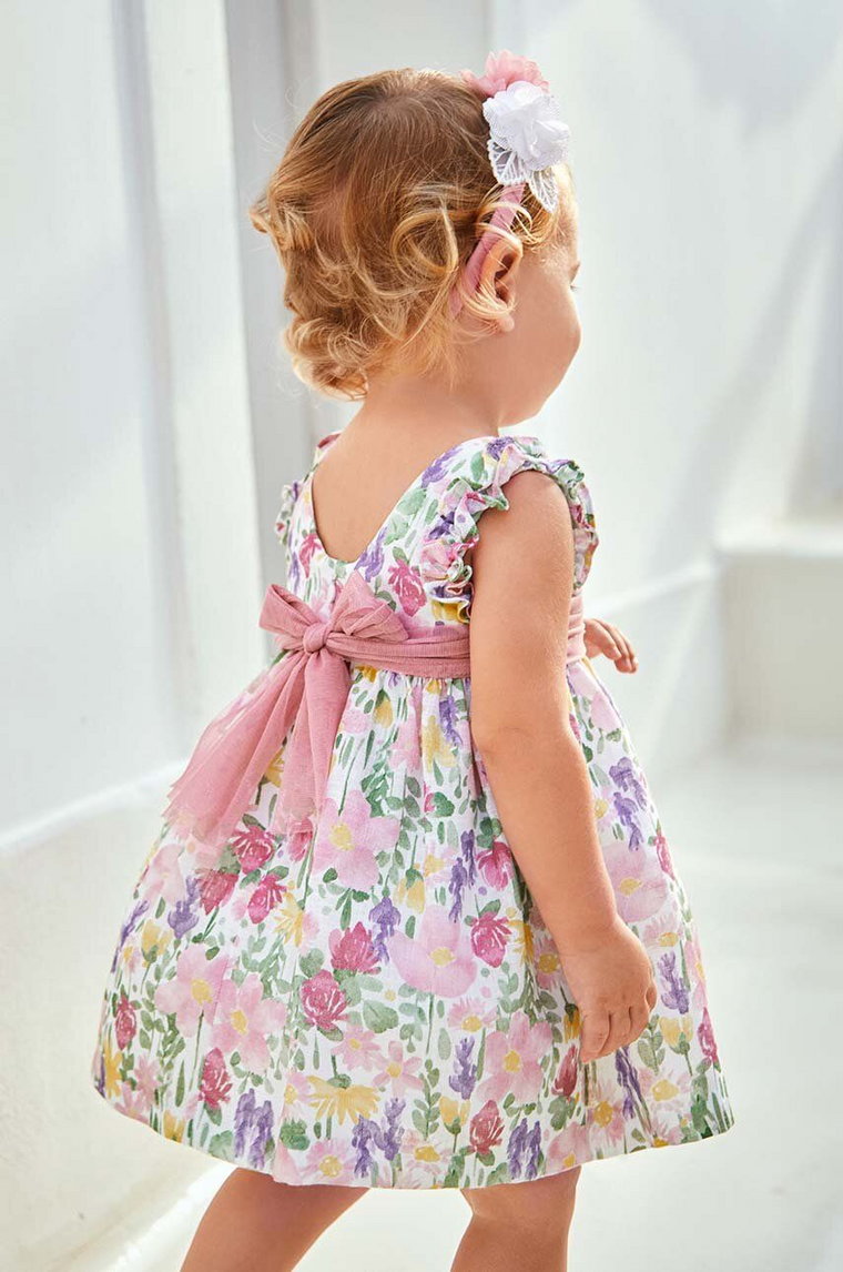 Mayoral sukienka niemowlęca z domieszką lnu kolor różowy mini rozkloszowana